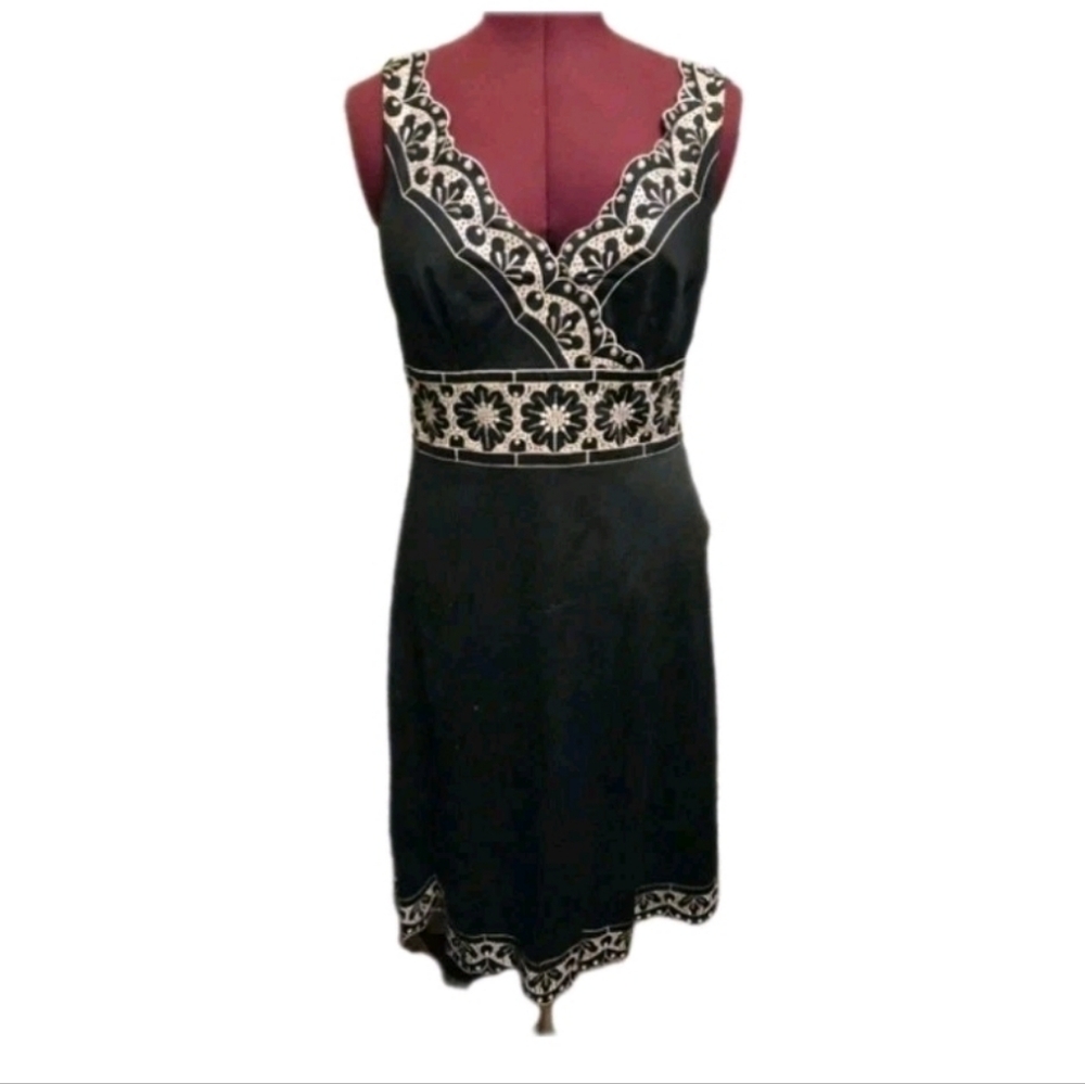 🐇🪺🌸 Vintage Ann Taylor Black Linen Embroidered Sleeveless Dress• Lined• 14